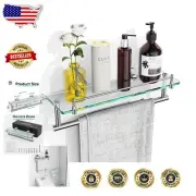 Durable Tempered Glass Shelf with Towel Rack - Modern 16-Inch Bathroom Essential