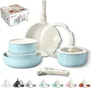 2025 New Gourmetific Cookware Set, 5/15 Piece Nonstick Maifan Cookware Set with Detachable Handle, Oven Safe, Super Easily Clean, with Ceramic-Coating for Healthy Cooking (Blue,15 Pcs)