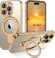 GUAGUA for iPhone 15 Pro Max Case with Kickstand, [Compatible with MagSafe] [Full Camera Protection] Magnetic Anti-Slip Sturdy Stand Anti-Yellowing Matte Back Phone Cover, Gold