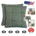 Chic Basil Green Floral Block Print Cotton Canvas Throw Pillow Covers, 24x24