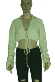 Free People Tie Front Endless Summer Long Sleeve Mint Cropped Blouse Top NWT S