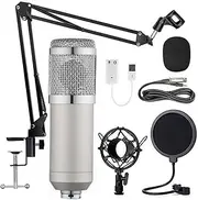 USB Condenser Microphone Kit Plug & Play with Cantilever Bracket for Prof ional o Recording/Live Streaming/Gaming/Meeting/Po ting/View Silver