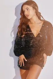 Black Sequin Playsuit Long Sleeve V Neck Mesh - Size 8, Women's Playsuit