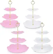 4 Packs 3 Tier Cupcake Stand Plastic Macaroon Stand Round Plastic Dessert Display Serving Tray Reusable Tea Party Stand for Wedding Birthday Tea Party(White, Pink)