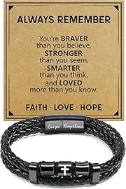 [BAYLAY] Valentines Day Gifts for Him Men, Cross Bracelet for Men Layered Leather Braided Bracelet Christian Religious Bracelet Gifts for My Man Dad Husband Boyfriend Son Grandson Grandpa Brother, 8.5,