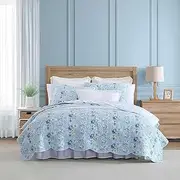 [Laura Ashley] Quilt Set, Super Soft Bedding with Matching Shams, Scalloped Edge Design (Peony Garden Blue, Full/Queen)