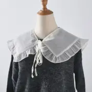 Sweet Ruffled Trim Bowknot Faux Collar Women White Big Shawl Capelet with Ribbon