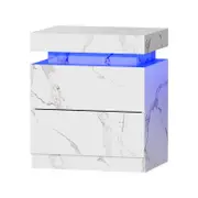 Oikiture Bedside Table 2 Drawers LED Marble Effect White