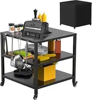 Outdoor Grill Cart, 31x31x33 Inch Pizza Oven Table for Ooni, Blackstone, Ninja Grill Stand, Three-Shelf Movable Food Prep and Work Cart Station, Stainless Steel Trolley Table with Waterproof Cover