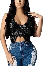 [Generic] 1x Vest Belly Top Sequin Costume Bra Outfits Dance Sparkly Tank Crop Women's Bandage Cotton Tunic Tops for Women