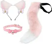Cosplay Cat Ears and Tail Set Handmade Cute Cat Girl Accessories Furry Headband with Bell Collar Perfect for Halloween Party Costume Role Play Cat Theme Parties School Performances（Pink）