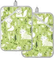 Kitchen Pot Holders Heat Resistant Cartoon Jungle Fox Fluorescent Green Potholder with Pocket Cooking Hot Pads Oven Mitts 2 Pack