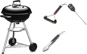 [weber] 1501363 Barbecue Stove, Diameter 18.5 inches (47 cm), Compact Kettle, Charcoal, Camping, For 6-8 People, Starter Set (Brush, Thermometer, Tong Set)