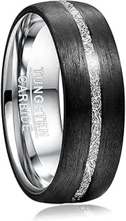 [TUNGSTORY] Tungsten Carbide Wedding Rings 8 mm with Black Carbon Fibre and Imitation Meteorite Inlay for Men Comfort Fit Size 54 to 67 (17.2-21.3)