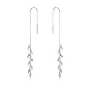 Sterling Silver Shiny Leaves Long Drop Hypoallergenic Threader Earrings