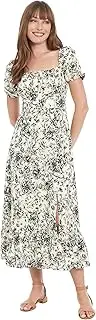 [London Times] Women's Square Neck Smocked Back Linen Blend Flattering Versatile Spring Summer Garden Party Dress, Ivory/Black, 14 Petite