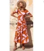 Mister Zimi Dress Size AU 14 US 10 BNWT Midi Liliana Terracotta Tan Brown Pink