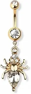 [Pierced Owl] 14GA Gold Plated 316L Stainless Steel CZ Crystal Spider with Heart Dangling Belly Button Ring, Metal, cubic zirconia
