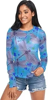 [ODAWA] Dragonflies Blue Daisies Long Sleeve Mesh Shirt Mesh Sheer Tops Workout Tops Hoodies