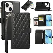 Boyobacase for iPhone 14 Plus Wallet Case,for iPhone 15 Plus Case, PU Leather Wallet Flip Cover Stand Feature[6 Card Slots] [1 Cash Pocket] [1 Zipper Coin Pocket] with Wrist Strap-Black