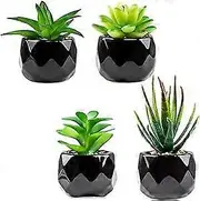 Artificial Succulents Plants with Black Ceramic Pot, Set of 4 Small Fake Plants, Decor for Office, Desk, Window Sill, Table, Bathroom, Balcony, Kitche