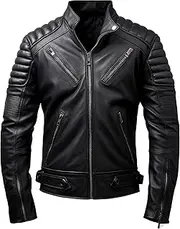 [Sumairah] Mens Puffer Biker Jacket Racer Fit Black Multi Zipper Pocket Moto Rider Genuine Leather Jackets