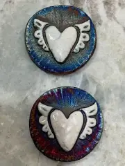 (2) Winged Heart Medallions "I am Courage" Raku Pottery NEW