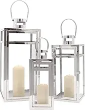 TRIROCKS Set of 3 Stainless Steel Candle Lantern 48CM High Metal Candle Holder withTempered Glass Panels Perfect for Home Decor Living Room Parties Events Tabletop Indoors Outdoors（Silver）