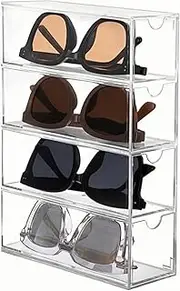 Acrylic Eye Glass Storage Organizer Box with 4 Clear Divided Drawers for Sunglasses Stackable Cosmetic Jewelry Makeup Tabletop Coffee Pod Display Organizer Holder（Clear)