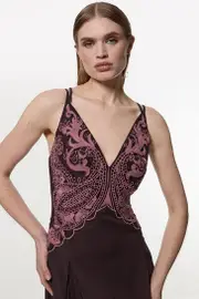 Cutwork Beaded Georgette Pleat Insert Woven Maxi Dress