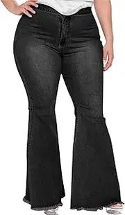 [Generic] Women Bell Bottom Plus Size Jeans Elastic Waist Flared Jean Pants Slimming Bell Bottom Denim Pants