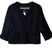 Talbots Sweater Womens Size 10 Petite Black Silver Wool Lined Ruffled Trim NEW