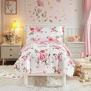 Flower Toddler Bedding Set for Girls 4 Pieces White Floral Toddler Bed Set with Pink Roses and Green Leaves - Includes Quilted Warm Comforter, Pink Fitted Sheet, Top Sheet, and Pillow Case