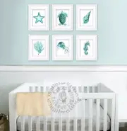 Nursery Wall Art set of 6 unframed beach decor turquoise Sealife art prints