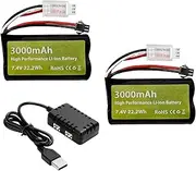 Fytoo 2PCS 7.4V 3000mah 15C 2S Li ion Battery with SM-2P Plug and 2in1 Charger Suitable for H105 H103 H101 RC Ship MN D99 D99s D90 D91 RC Car Truck RC Ship Engineering Vehicle Battery