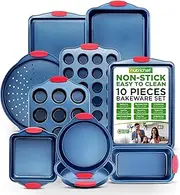 10-Piece Nonstick Bakeware Set - PFOA, PFOS, PTFE-Free Carbon Steel Baking Trays w/Heatsafe Silicone Handles, Oven Safe Up to 450°F, Pizza Loaf Muffin Round/Square Pans, Cookie Sheet