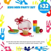 Tupperware Mini Kids Party Set Bright Colors Cake Taker Plates cups serving set