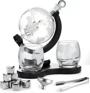 Whiskey Decanter Set 850ml Decanter 2 Engraved Globe Glasses Stainless Steel