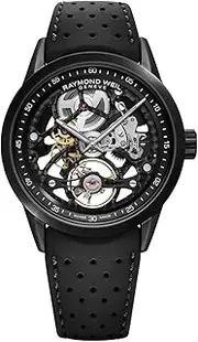 [Raymond Weil] Freelancer Men's Calibre RW1212 Skeleton Automatic Watch - 42 mm, Stainless Steel with Black PVD Coating, Black Rubber Strap, Open-Worked Black Dial (2785-BKR-20000), Black, Automatic