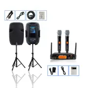 Dual 12" 2000W Powered PA Speakers Adjust Height Stands 2CH Handheld Microphone