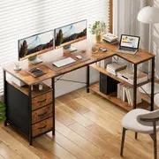 ApexSpace L-Shaped Computer Desk with Drawers, Brown 150 x 80cm