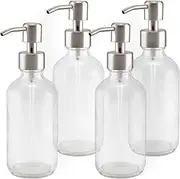 8-Ounce Clear Glass Boston Round Bottles w/Stainless Steel Lotion Pumps (4-Pack); Empty Refillable Liquid Soap & Lotion Bottles