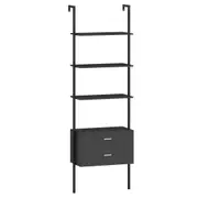 Giantex 5-Tier Wall Mount Ladder Bookcase Bookshelf w/Rattan Cabinet & Metal Frame Display Rack Black