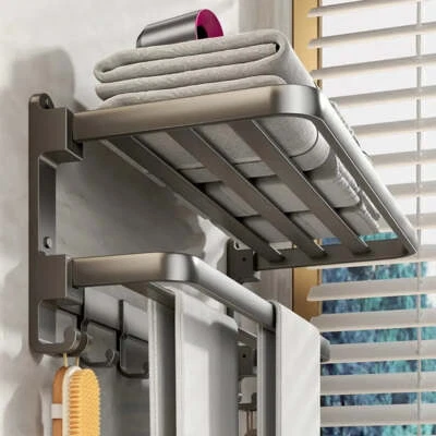 WY008-3 Bi-Fold 24 Inch Towel Rack with Bar Holder Shelf Movable Hooks Rust Proo