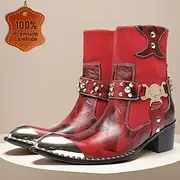Men's Red Leather Ankle Boots with Decorative Metal Buckles and Studded Details - Bold Western Style Boots for Nightlife and Party Wear
