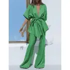 Commense Linen Cotton Green Two-Piece Set Kimono-Style Top Wide-Leg Pant Outfit