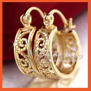 18K GOLD GF LADIES GIRLS VINTAGE FILIGREE SMALL HOOP SLEEPER EARRINGS XMAS GIFT