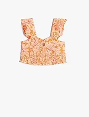 [Koton] Girls's Linen Crop Sleeveless Flower Printed Gimped Detail Blouse