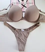 VICTORIA'S SECRET PINK Super Push-Up Bra & Panty Set VS Iced Coffee Brown Shine