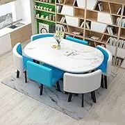 90 * 150cm Kitchen Dining Table Set for 6, Oval Office Conference Table and 6 Chairs, Meeting Reception Table, Stand Comes in Three Colors(Blue)